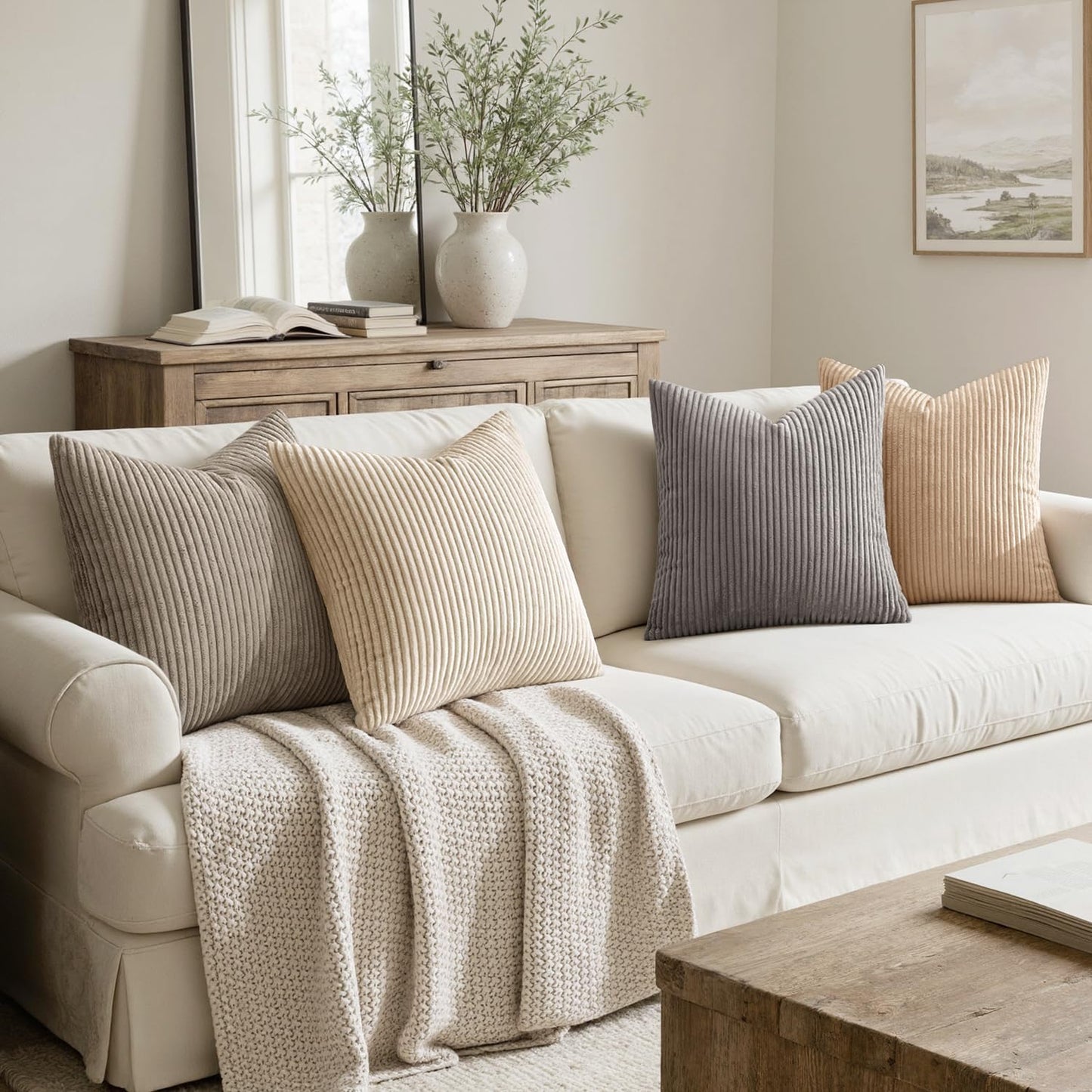 MIULEE Boho Farmhouse Sage Green Throw Pillow Covers 18x18 Inch Set of 4 Mordern Nordic Cushion Covers Soft Corduroy Spring Home Decor for Couch Bed Sofa Living Room Forest Green
