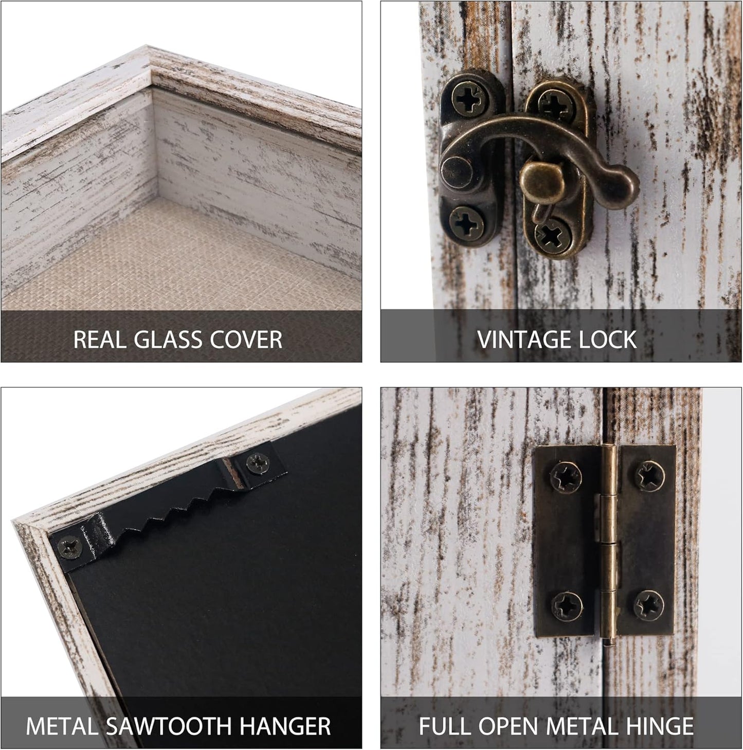 GraduationMall 13x16 Wood Shadow Box Frame Glass Door Display Case with Linen Back and 6 Stick Pins,1.5 inches Interior Depth,Ideal for Memorabilia Pictures Flowers Medals Tickets Rustic White