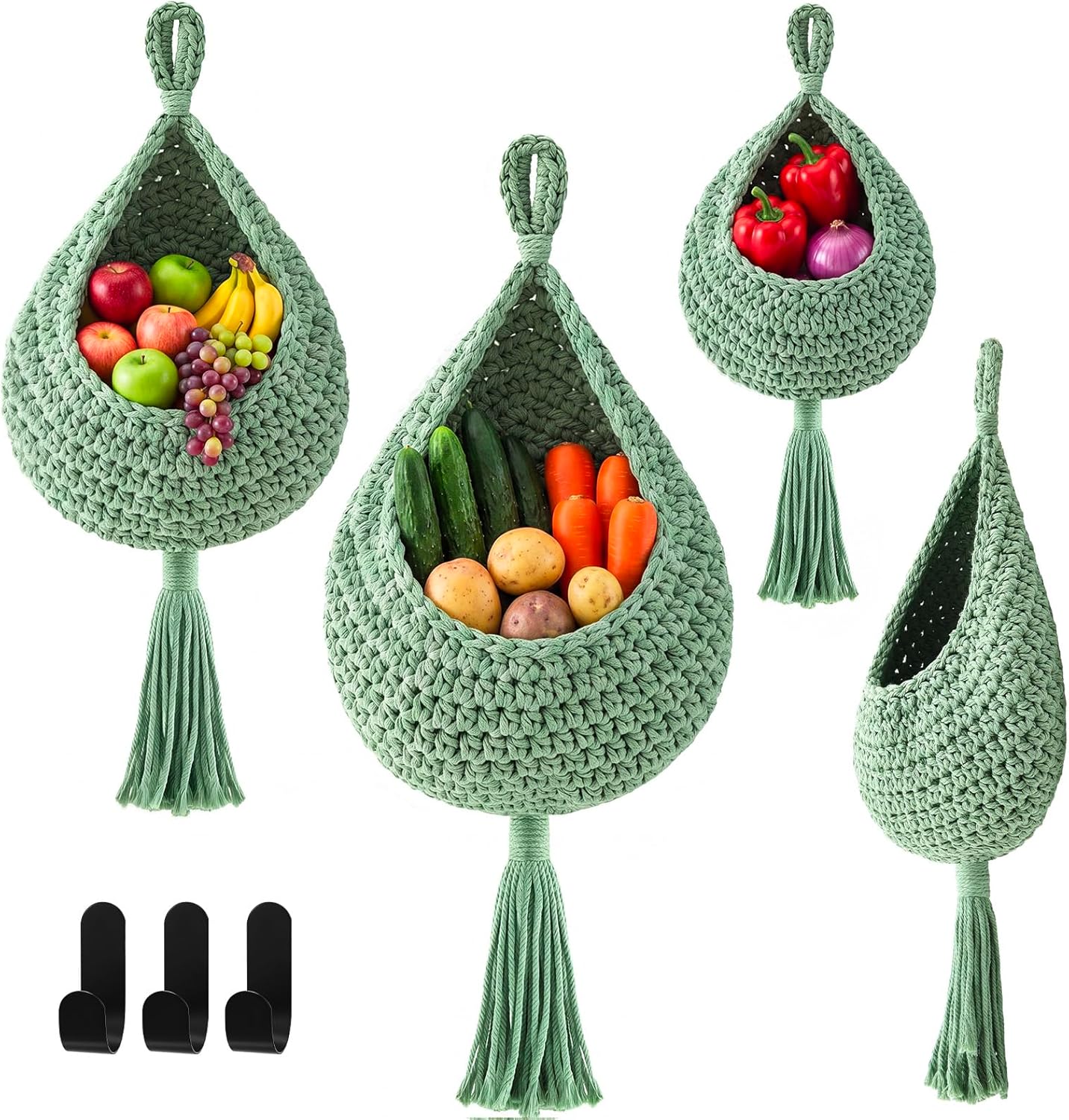 Honeydak Boho Decor Hanging Wall Baskets for Kitchen 3 Pack Teardrop Baskets with Hooks Storage Fruit Onion Vegetable Potato for Home 3 Sizes(Linen,Teardrop,Jute)