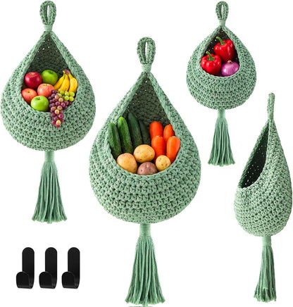 Honeydak Boho Decor Hanging Wall Baskets for Kitchen 3 Pack Teardrop Baskets with Hooks Storage Fruit Onion Vegetable Potato for Home 3 Sizes(Linen,Teardrop,Jute)