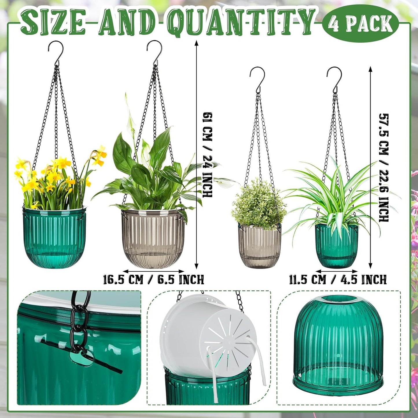 Maxcheck 4 Pcs Self Watering Hanging Planters Indoor Gift 6.5'' 4.5'' Hanging Flower Pots Baskets Outdoor Self Watering Plant with 3hooks Drainage Holes for Home