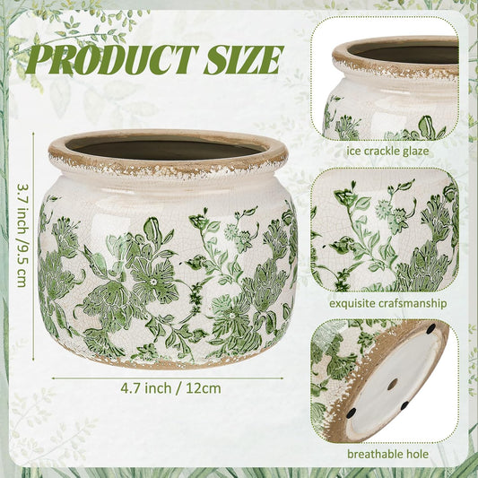 7.7" Large Ceramic Plant Pot Beige Green Vintage Floral Crackle Glaze Rustic Flowers Pot Decorative Planter with Drainage for Indoor Outdoor Plants Home Kitchen Office Decor Gift