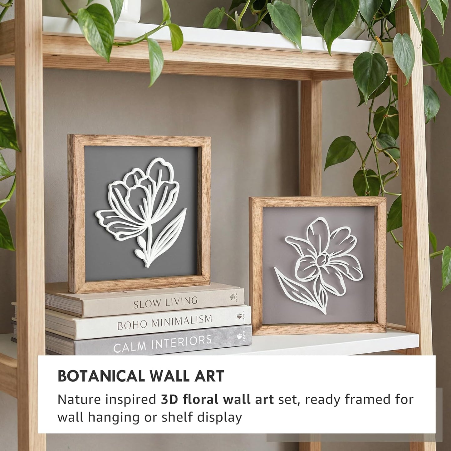 3D Floral Green Wall Art (Set of 2) Lightweight, Wooden Ready-to-Hang Boho Framed Wall Art for Bathroom, Bedroom, Living Room or Office – Premium Sage Green Farmhouse Decor – Gift-Boxed