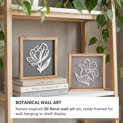3D Floral Green Wall Art (Set of 2) Lightweight, Wooden Ready-to-Hang Boho Framed Wall Art for Bathroom, Bedroom, Living Room or Office – Premium Sage Green Farmhouse Decor – Gift-Boxed