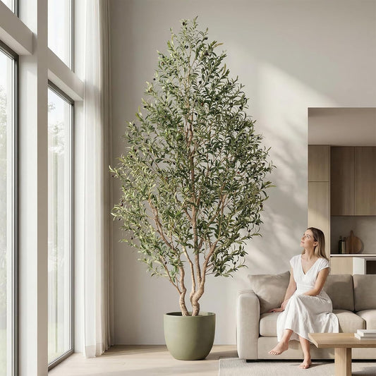 8ft Faux Olive Tree - Large Artificial Olive Tree with Realistic 1750 Leaves and 145 Olives - Lush and Elegant Fake Olive Tree with for Indoor Outdoor Office Living Room Decor