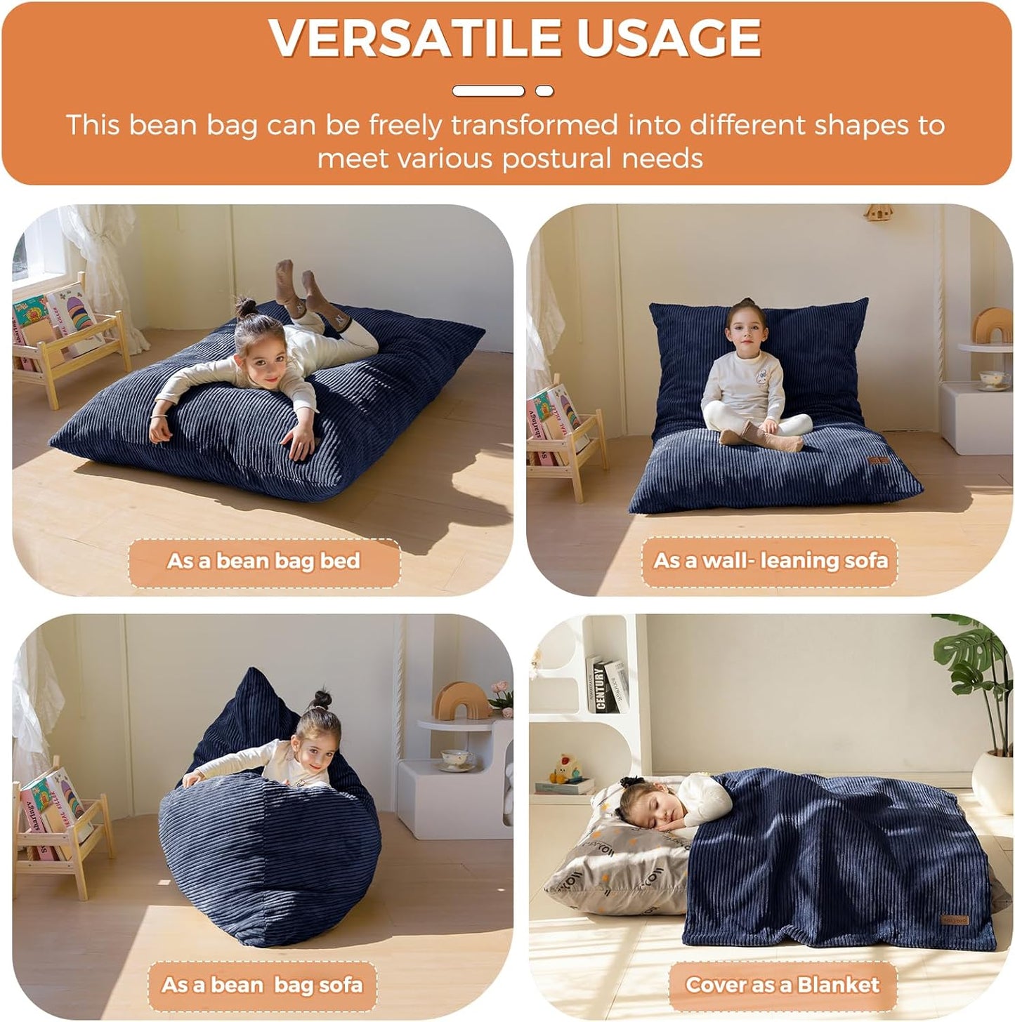 MAXYOYO 3 in 1 Kids Bean Bag Chair Couch, Convertible Chair Folds from Bean Bag to Lounger, Child Floor Sofa for Gaming, Reading, Floor Mattress with High-Density Foam Filling