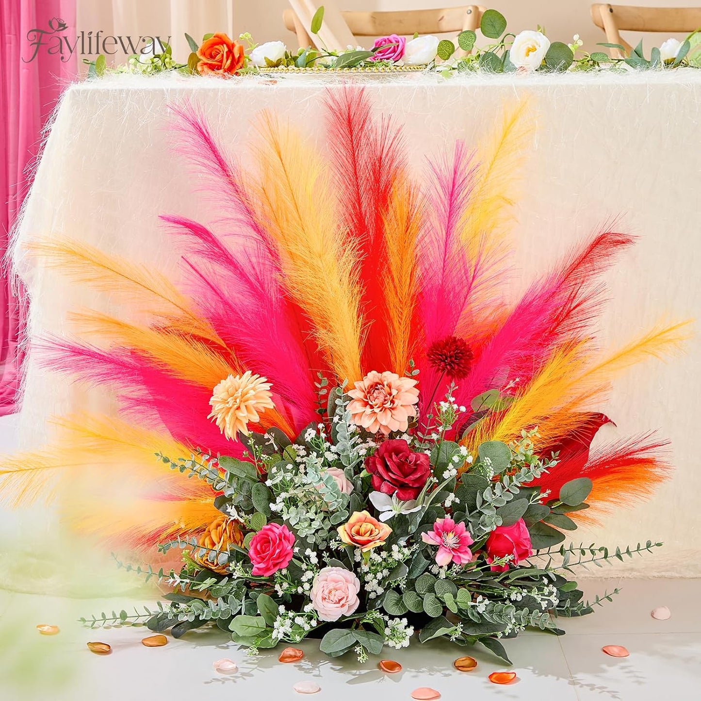 50pcs Pampas Grass 17in for Living Room Decor, Blush Pink Pampas Grass Decor, Fluffy Pink Flowers for Home Birthday Bathroom Baby Shower Wall Bow Decor(Blush & Cream & Pink)