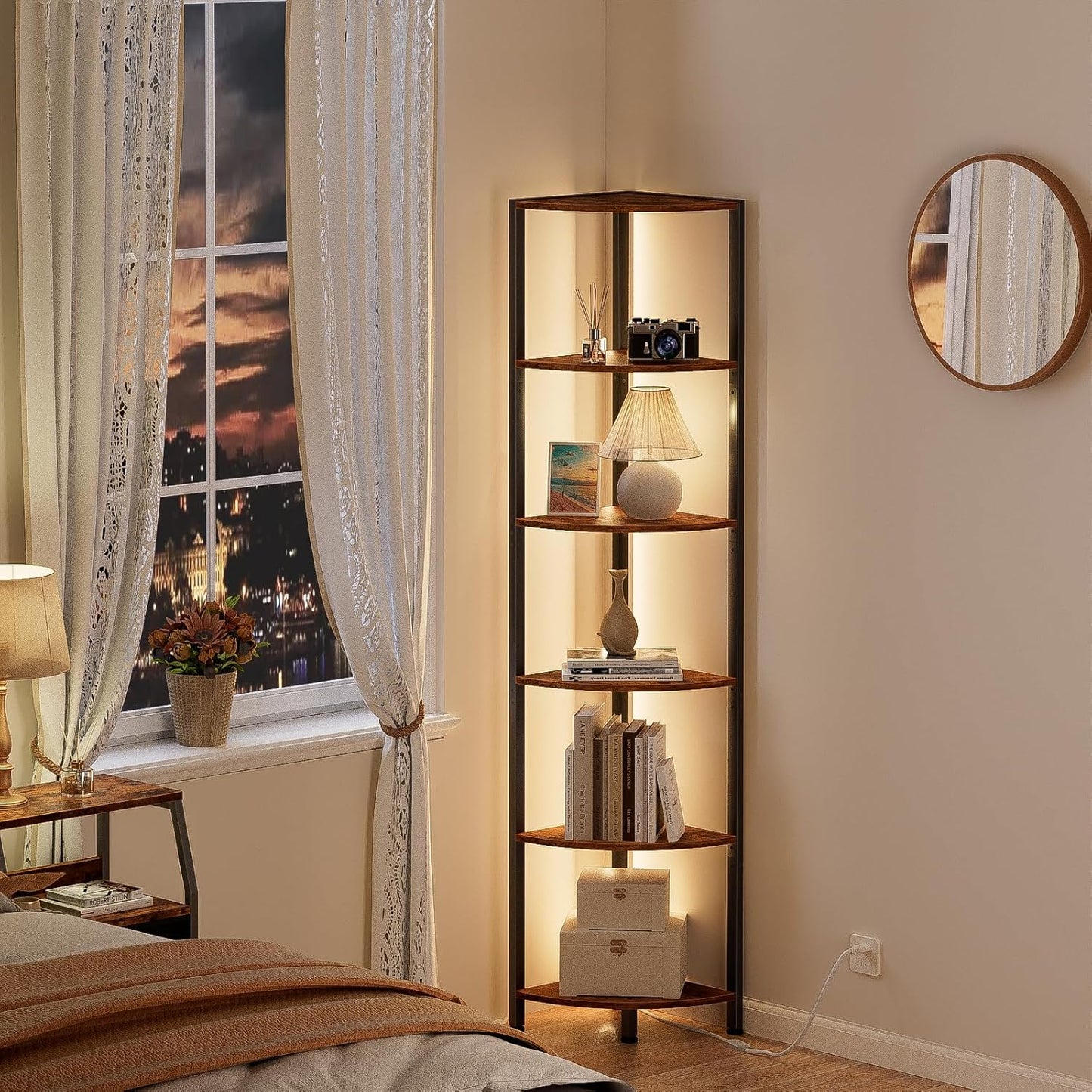 Furnulem 6 Tier Corner Shelf with LED Light, 67.5” Tall Standing Shelf Organizer, Black Narrow Bookshelf with Storage Rack for Wall Corner, Living Room, Bedroom, Metal Frame, Wood Display Shelf