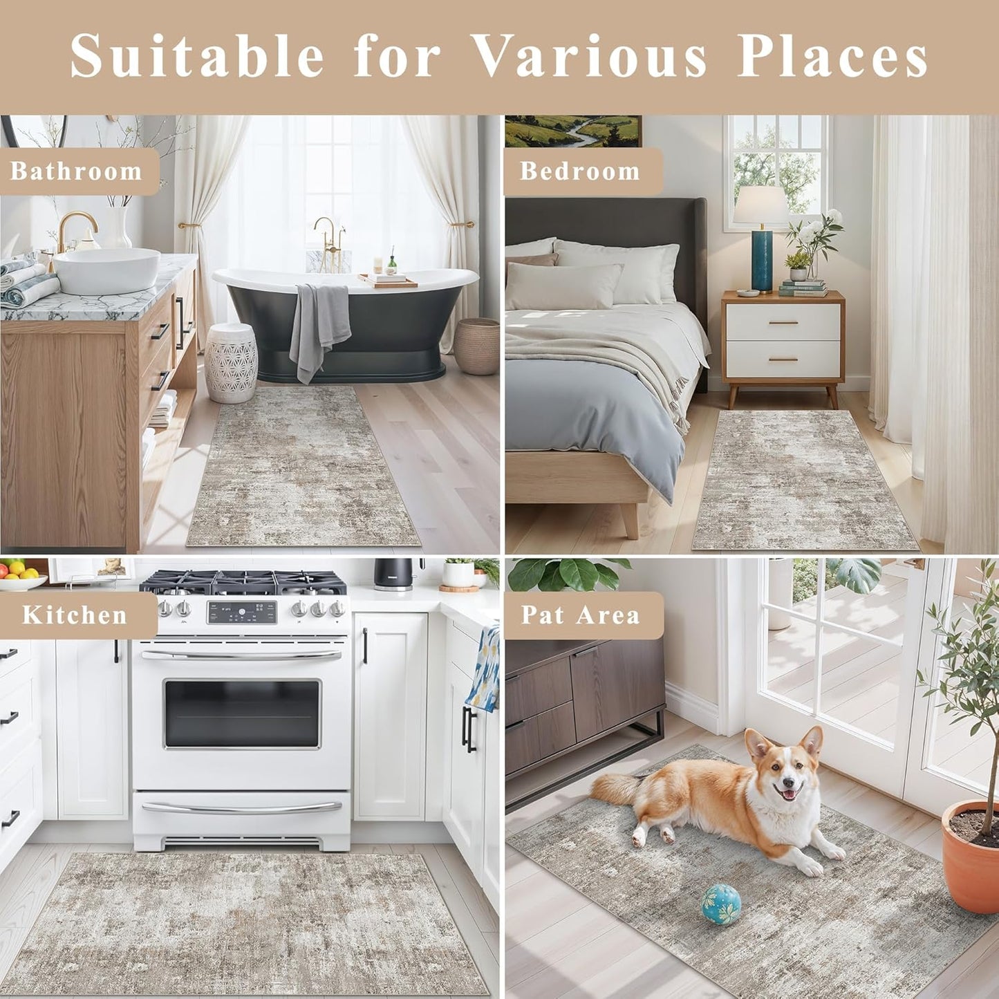 2x3 Washable Non-Slip Area Rug - Soft Low Pile Throw Rug for Kitchen Entryway Bedroom - Modern Indoor Door Mat with Rubber Backing (Beige Grey) - Colors B