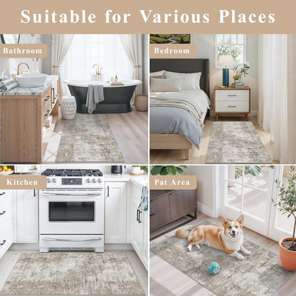 2x3 Washable Non-Slip Area Rug - Soft Low Pile Throw Rug for Kitchen Entryway Bedroom - Modern Indoor Door Mat with Rubber Backing (Beige Grey) - Colors B