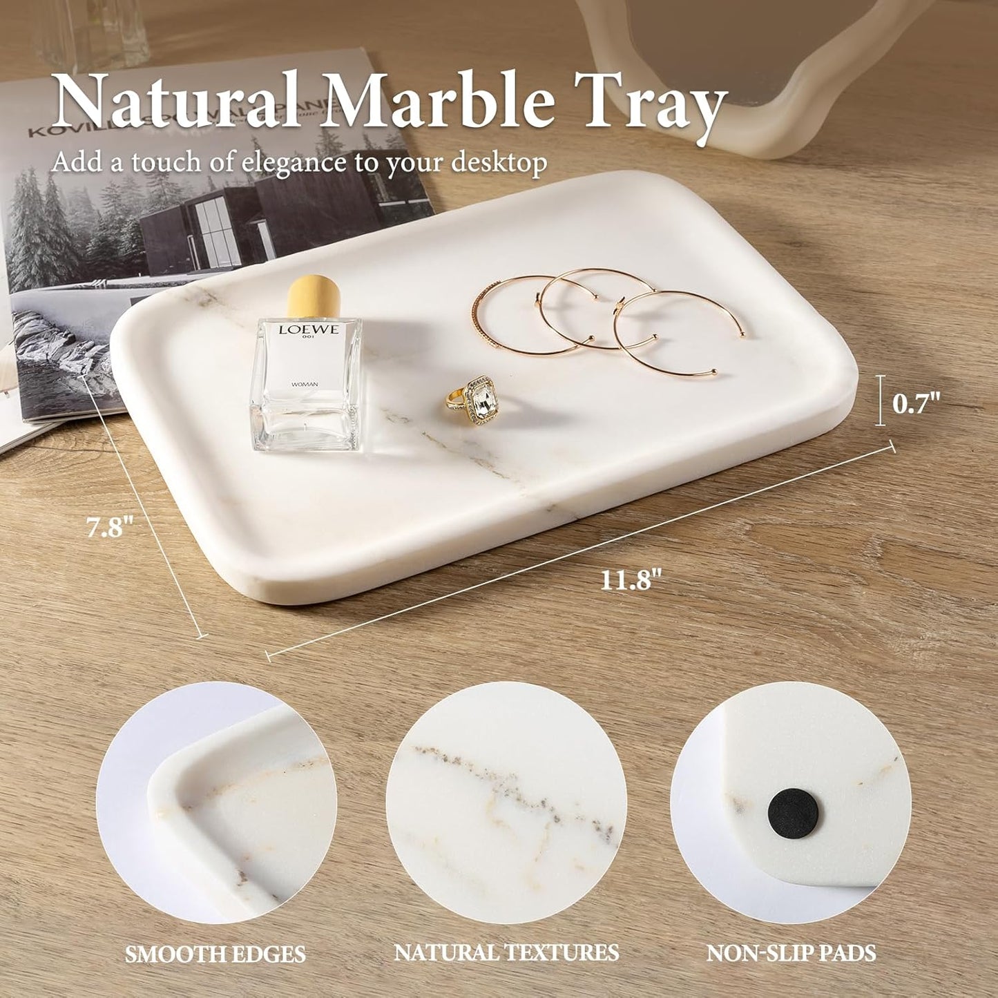 Koville Romano Travertine Tray, 12"x8" Natural Stone Vanity Tray for Countertop Bathroom Kitchen Dresser, Decorative Marble Catchall Trays for Perfume Jewelry, Rectangular Serving Tray(Beige)