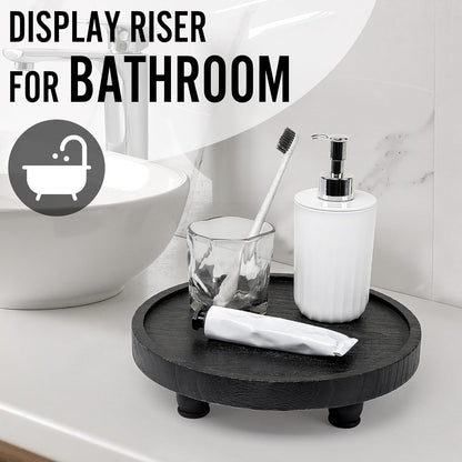 Tikea Farmhouse Wood Display Riser, 10 in. Farmhouse Pedestal Stand for Kitchen Bathroom Counter Decor, Round Display Tray for Soap Dispenser and Plant (Brown)