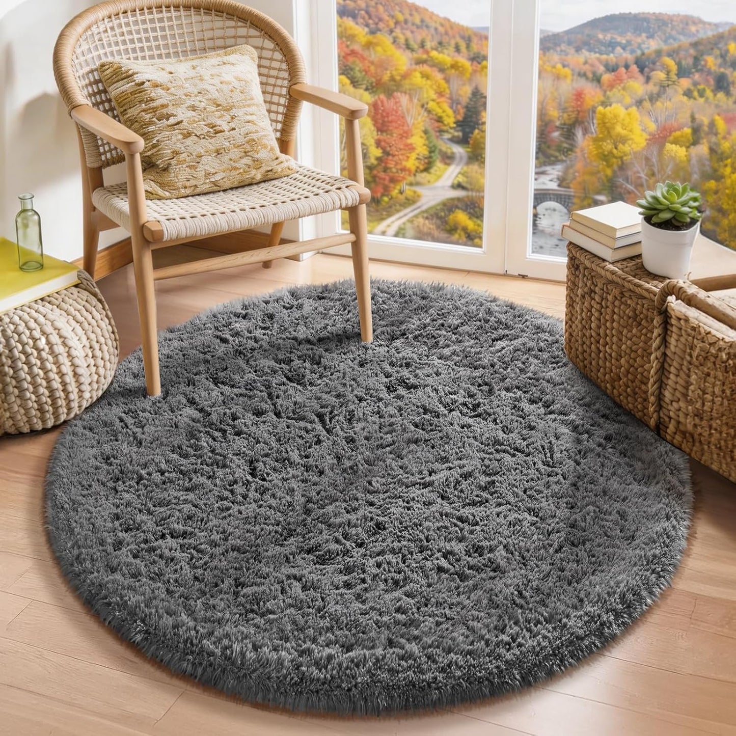 Ophanie Round Rugs 5Ft Ivory Circle Area Rug, Nursery Room Decor, Christmas Aesthetic Bedroom Home Circular Carpet 5 Foot, Fluffy Fuzzy Shag Plush Cream Living Room Rugs for Kids Boys Girls Teen Baby