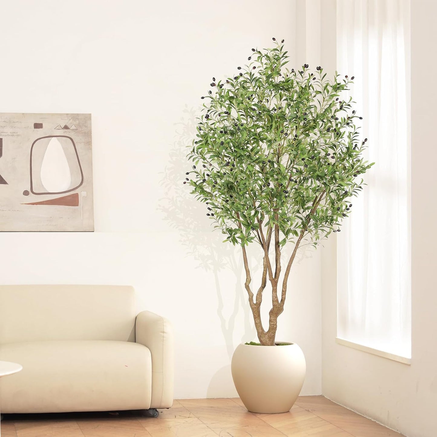 LYERSE Faux Olive Tree 7ft - Artificial Olive Tree Indoor with Large Branches and Realistic Fruits - Fake Olive Tree with Sturdy Base for Modern Home Office House Decor