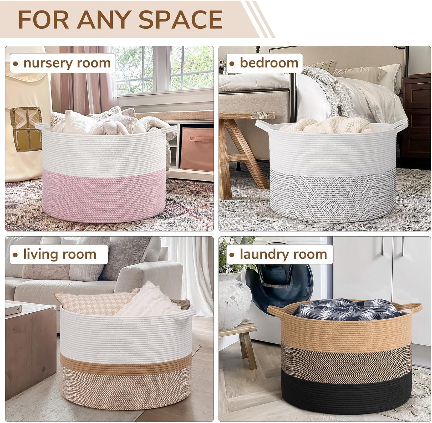 INDRESSME XXXLarge Blanket Basket for Living Room 21.7" x 21.7" x 13.8"-Storage Basket with Handle for Organizing Toy Pillows Woven Cotton Rope Laundry Basket Stuffed Animal Toy Storage for Play Room