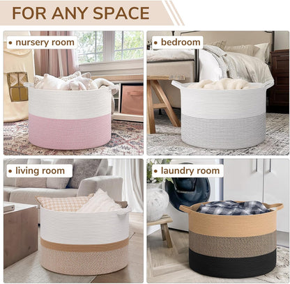 INDRESSME XXXLarge Blanket Basket for Living Room 21.7" x 21.7" x 13.8"-Storage Basket with Handle for Organizing Toy Pillows Woven Cotton Rope Laundry Basket Stuffed Animal Toy Storage for Play Room