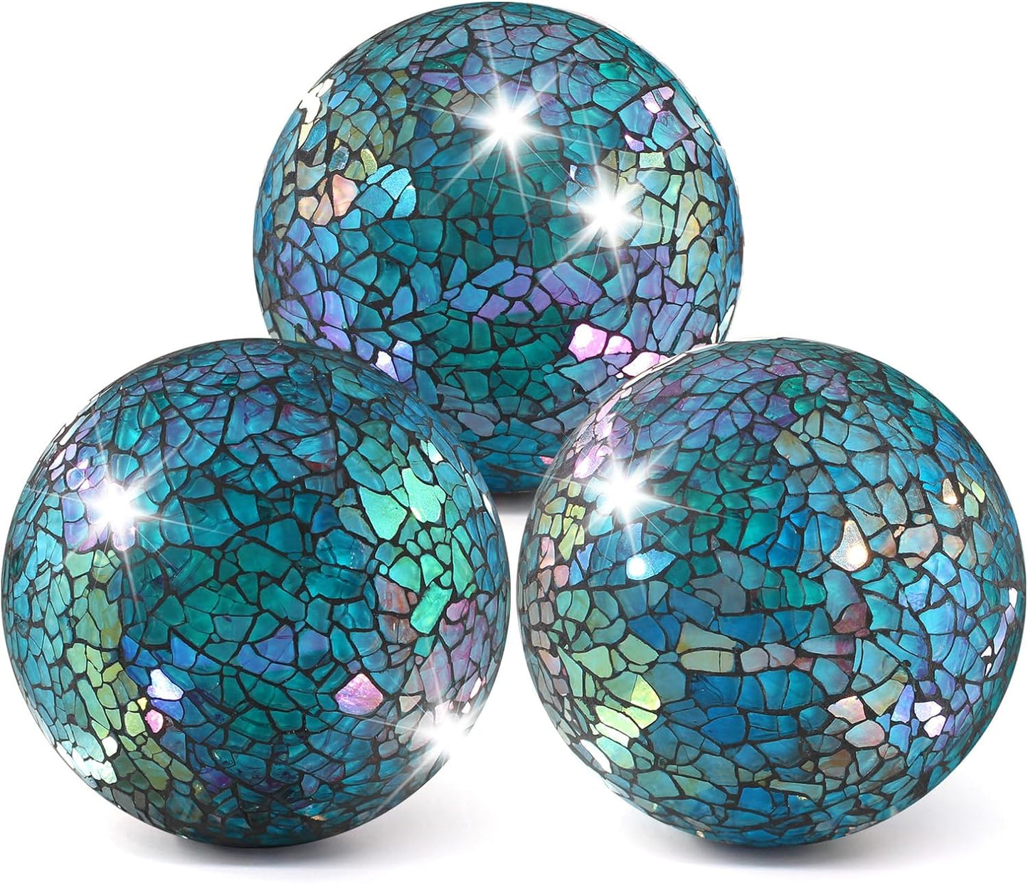 3Pcs Mosaic Glass Orbs Decorative Balls Set 8.5cm/3.35inch Blue Sphere Wedding Party Home Decor Table Centerpiece