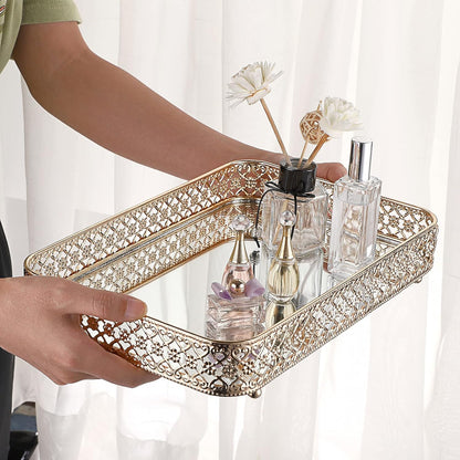 ELLDOO Perfume & Makeup Vanity Tray - Hollow-Carved Jewelry Storage, Glass & Metal Trinket Organizer for Dresser & Bathroom Countertop, Gold, Medium Size