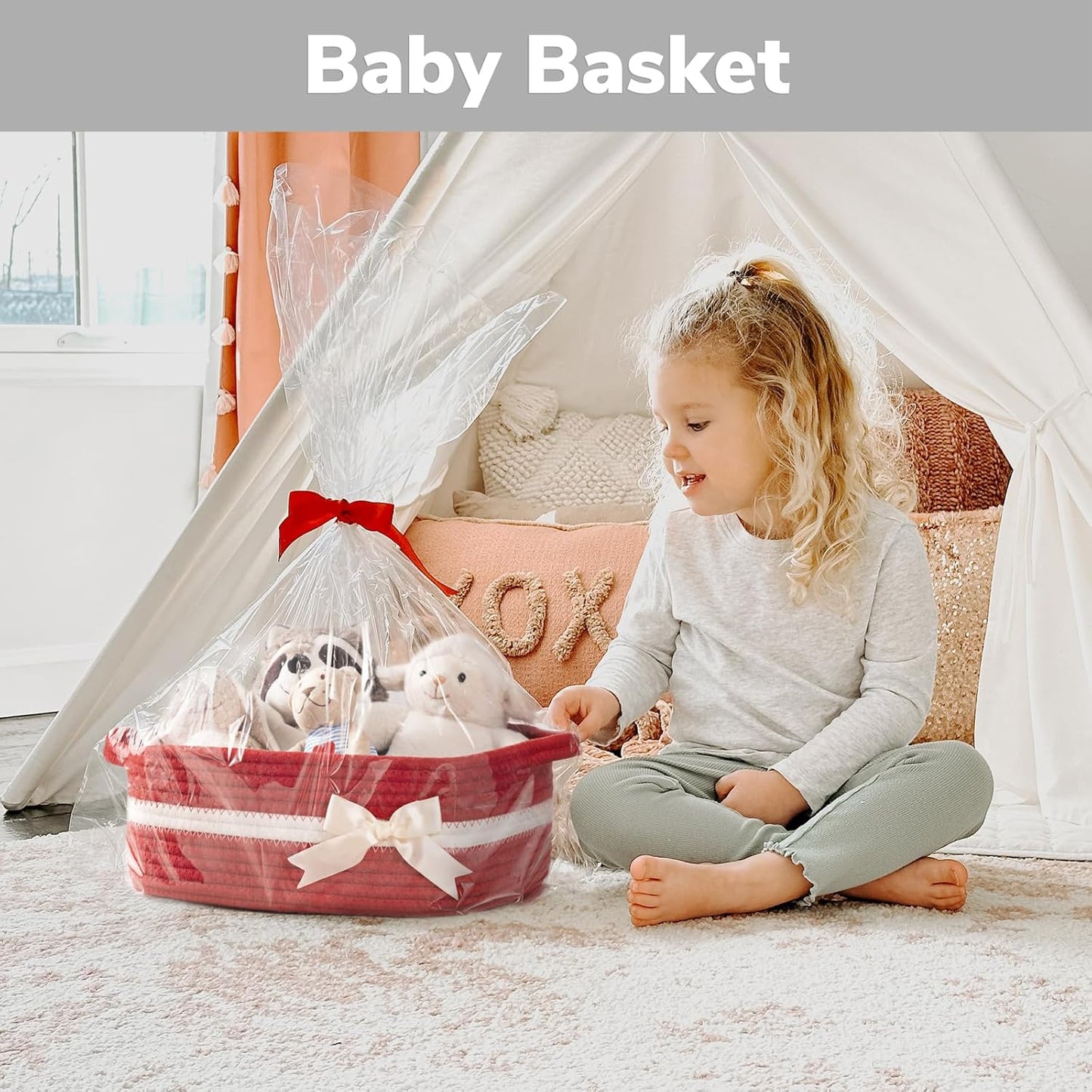 CHICVITA Decorative Gift Basket, Easter Basket for Kids, Woven Rope Storage Baskets with Handles, Nursery Baby Shower Toy Organizer, Grey, 13 x 9.8 x 5 inches