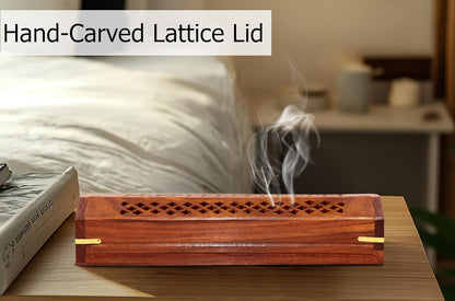 Sheesham Wood Incense Burner - Handmade Coffin Style Sun and Moon Inlay Incense Holder - Aromatherapy Room Freshener Cone Incense Stick Burner Ash Catcher - Zen Home Gift - 12x2x2 - COTTON CRAFT
