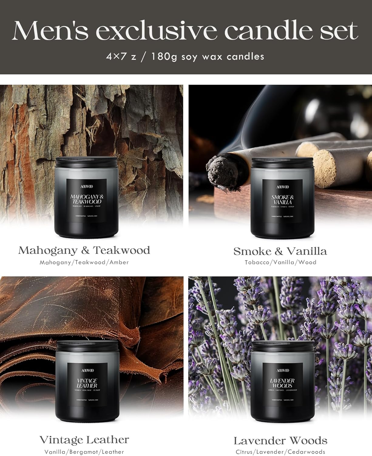 AOOVOO Scented Candles Set - 6 Pack Men Candles for Home Scented, 42 oz Soy Wax, 300 Hour Long Lasting Candle, Soy Candle Gifts Set for Men, Birthday, Valentine, Christmas, Anniversary Present