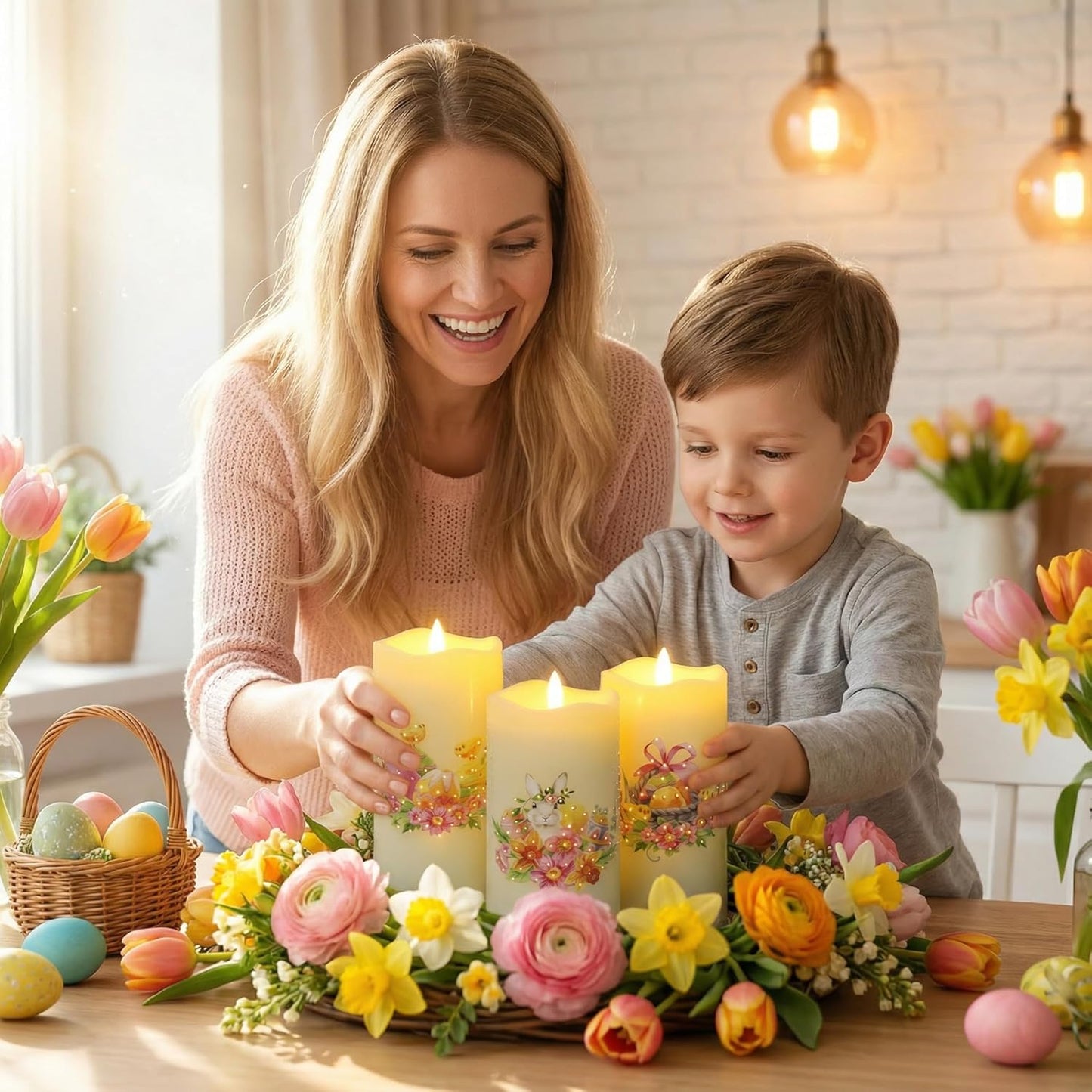 Eywamage Fiber Optic Flameless Pillar Candles with Remote Set of 3, Butterfly Floral Spring LED Candles Battery Operated Gift Φ 3" H 6"