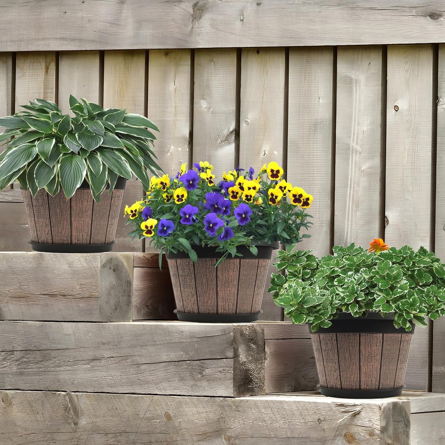 Quarut 4 Pack 10 inch Plant Pots,Upgrade Whiskey Barrel Planters with Drainage Holes & Saucer,Plastic Decoration Flower Pots Retro Design,Planters for Outdoor Indoor Garden Home Plants (Brown)