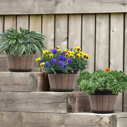 Quarut 4 Pack 10 inch Plant Pots,Upgrade Whiskey Barrel Planters with Drainage Holes & Saucer,Plastic Decoration Flower Pots Retro Design,Planters for Outdoor Indoor Garden Home Plants (Brown)