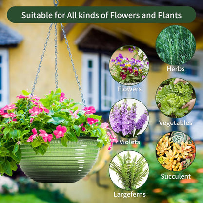 Vanslogreen 2 Pack Hanging Planters for Indoor Outdoor Plants, 10 Inch Hanging Planter with Drainage Hole & Plug Glazed Hanging Baskets Flower Pots for Garden Home (Blue)
