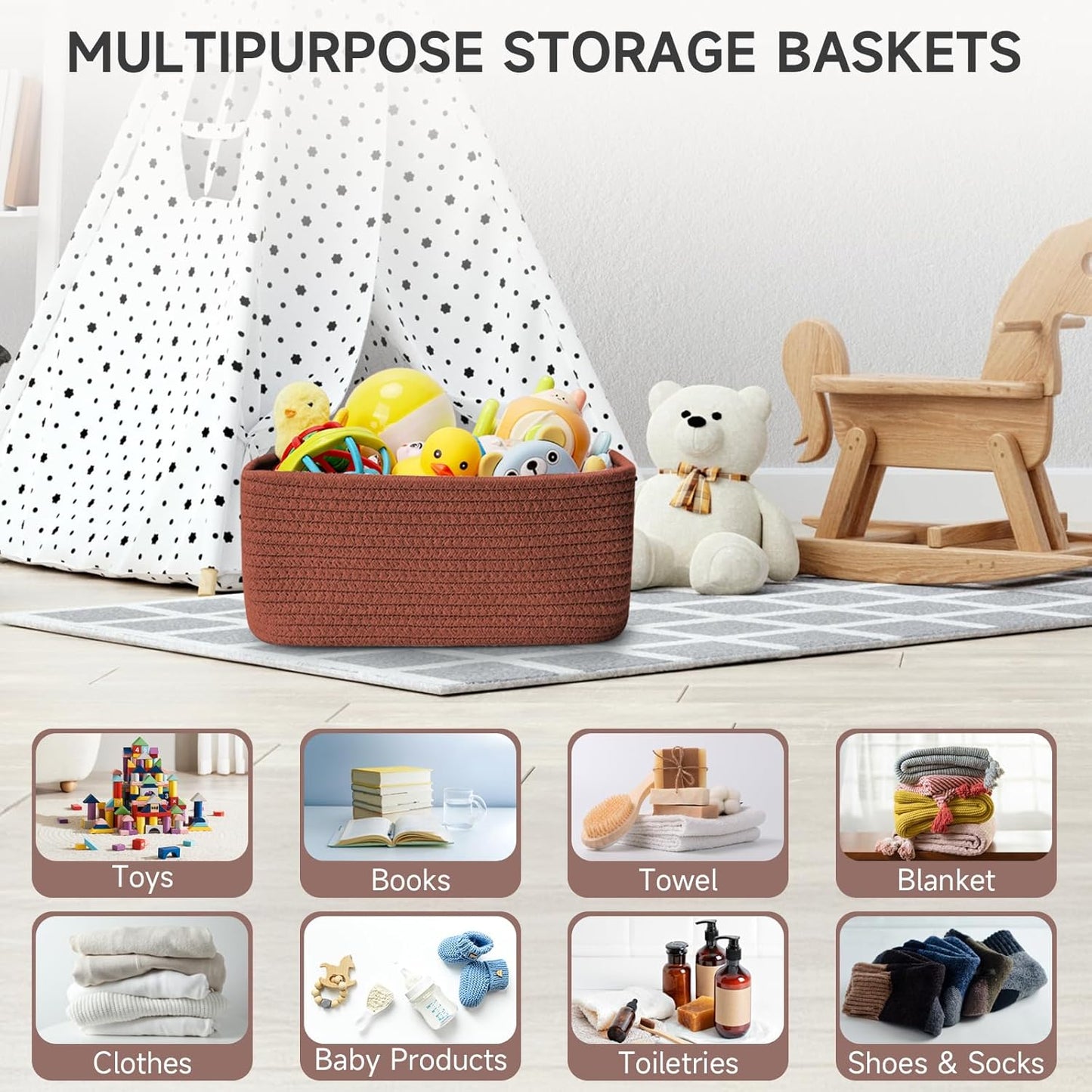 3-Pack Small Storage Baskets for Organizing | Woven Shelf Toy Basket | Rope Baskets for Gifts Empty | Closet Organizer Bins with Handles | Cube Decorative Box | 11.8×7.8×5.1” | Mixed brown