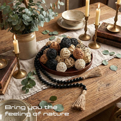 Halloscume 31 Pcs Wicker Rattan Decorative Balls with 30.3 Inch Wood Bead Garland Centerpiece Bowls Orbs Vase Fillers Wall Hanging Decor for Summer Home Farmhouse Wedding Party(Black)