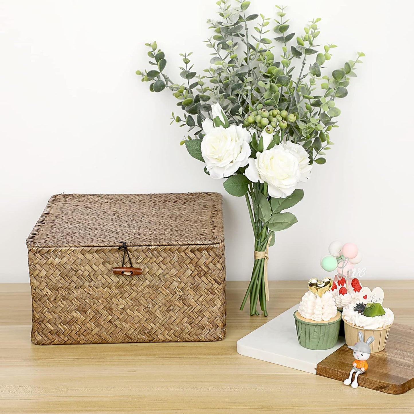 Hipiwe Seagrass Basket with Lid Wicker Storage Basket Square Handwoven Decorative Baskets Box for Shelf Multipurpose Household Baskets Home Decor,X-small