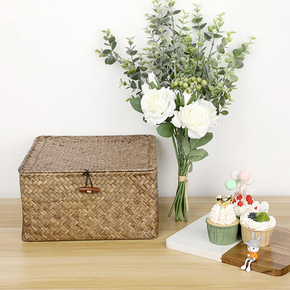 Hipiwe Seagrass Basket with Lid Wicker Storage Basket Square Handwoven Decorative Baskets Box for Shelf Multipurpose Household Baskets Home Decor,X-small