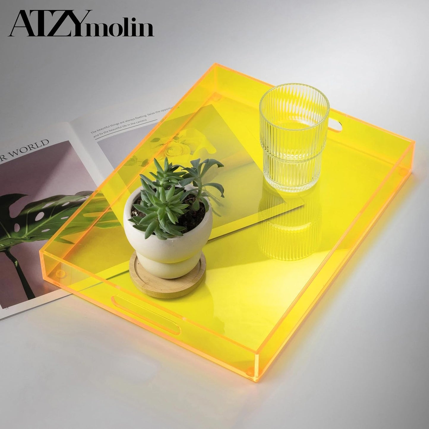 ATZYmolin 16"x12" Large Acrylic Serving Tray Decorative Ottoman Coffee Table Vanity Tray Tea Fruit Platter Snack Appetizer Dessert Drink with Handles for Bar Kitchen Party, Amber