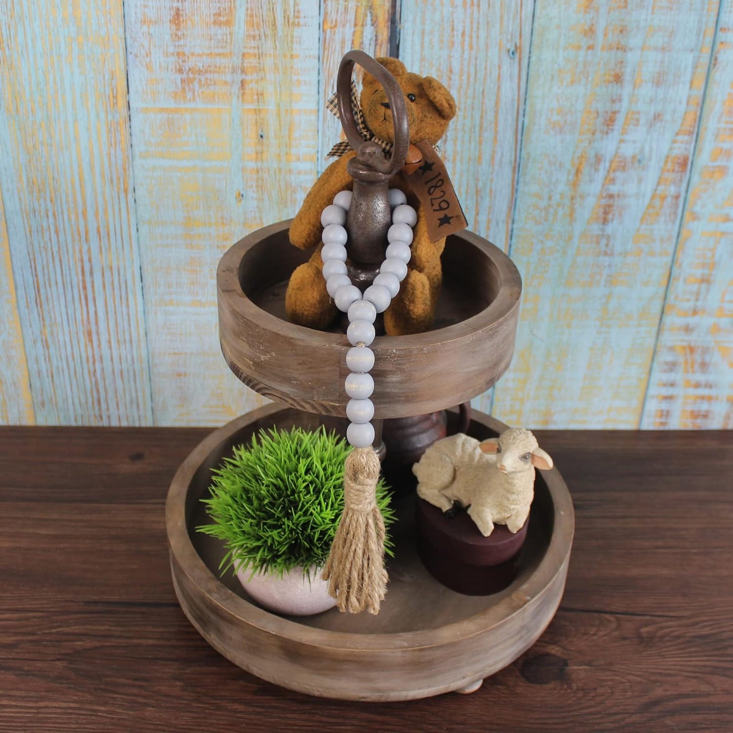 CVHOMEDECO. Wood Beads Garland with Tassels 3 PCS Farmhouse Rustic Wooden Prayer Bead String Wall Hanging Accent for Home Festival Decor. Natural