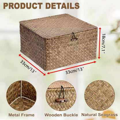 Hipiwe Seagrass Basket with Lid Wicker Storage Basket Square Handwoven Decorative Baskets Box for Shelf Multipurpose Household Baskets Home Decor,X-small