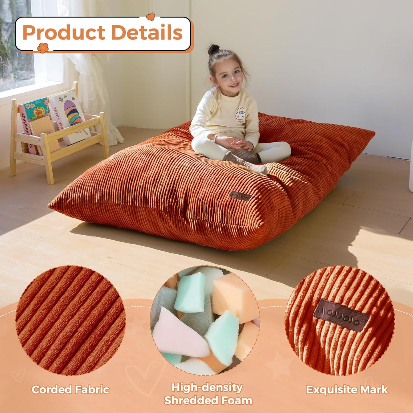 MAXYOYO 3 in 1 Kids Bean Bag Chair Couch, Convertible Chair Folds from Bean Bag to Lounger, Child Floor Sofa for Gaming, Reading, Floor Mattress with High-Density Foam Filling