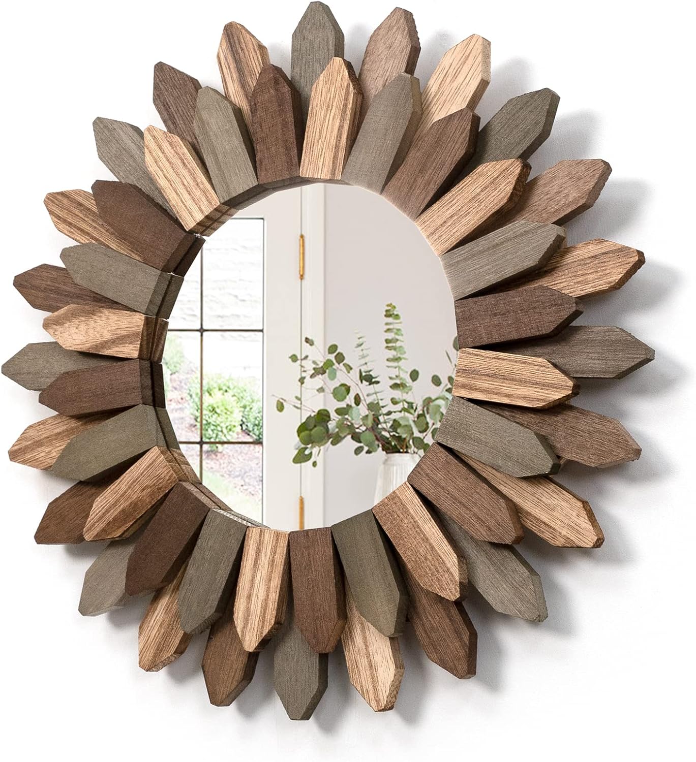 Honiway Wall Mirror Decorative 12 inch Rustic Wood Mirror Sunburst Boho Mirror for Entryway Bedroom Living Room Bathroom House Warming Gifts New Home Essential Carbonized Black