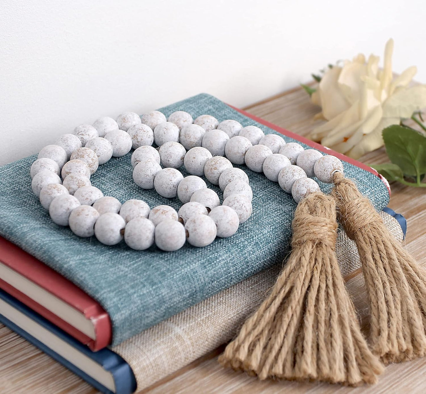 Wood Bead Garland Farmhouse Beads with Tassels,Farmhouse Tassel Garland Country Wall Hanging Decor Prayer Beads(39 inches/Nature)