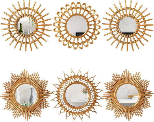 Namalu 6 Pcs Sunburst Mirror for Wall Decor, Small Circle Sun Espejos Decorative Mirror Hanging for Art Entryway Home Decor Bathroom Bedroom Living Room(Elegant,Gold)