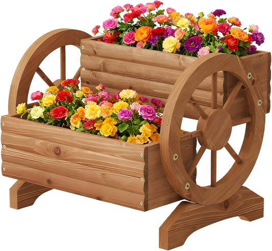 Wooden Wagon Planter Outdoor Flower Cart with Wheels Garden Planter, Decor Planter for Patio Balcony Decoration Succulent Flower Pot for Indoor Backyard Yard Decor Planters (Brown, Medium)