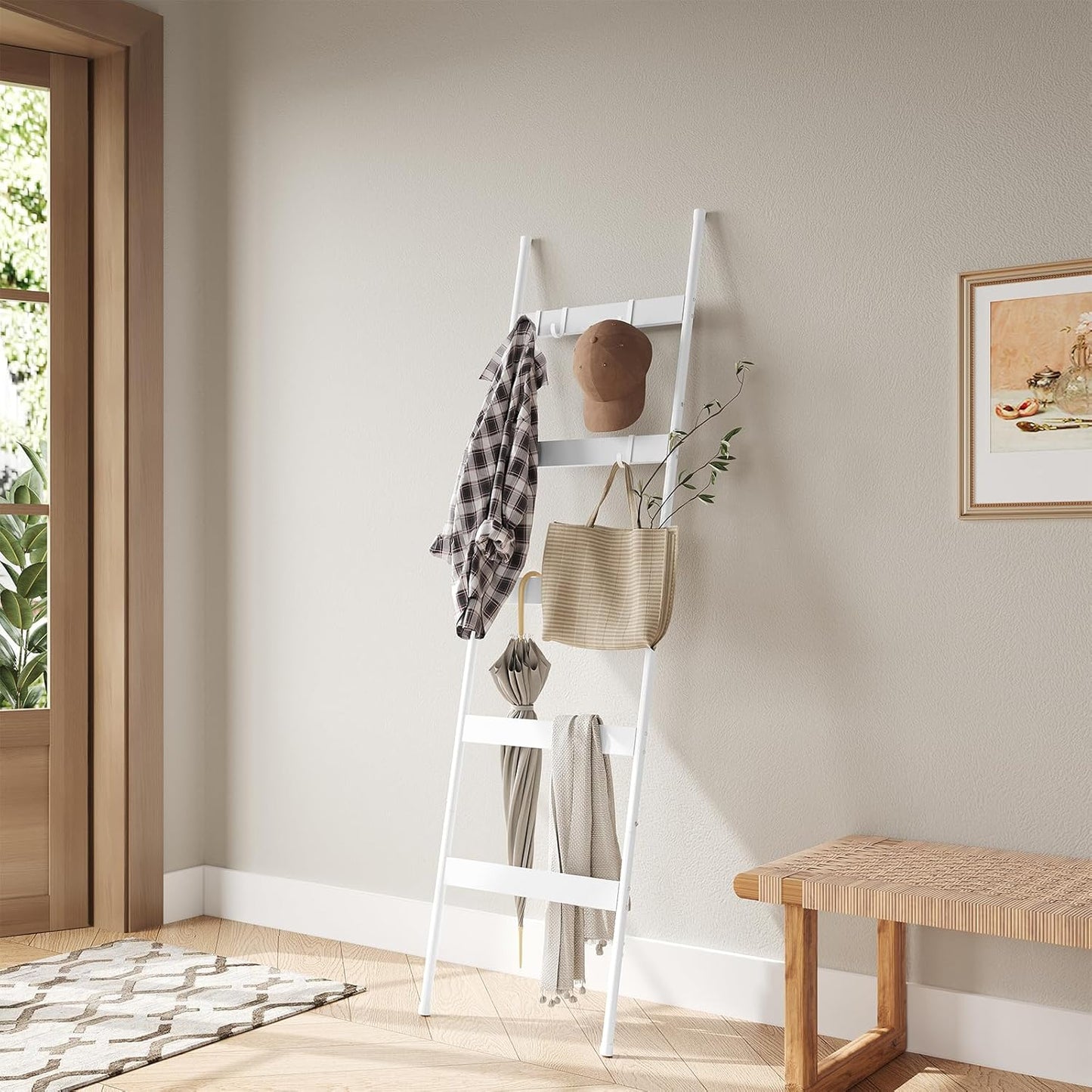 ELYKEN Blanket Ladder for Living Room, Farmhouse 5-Tier Quilt Holder with 4 Removable Hooks for Bathroom, Wood Towel Rack Display, Wall Anchor Leaning Decorative Stand for Home, Rustic Brown