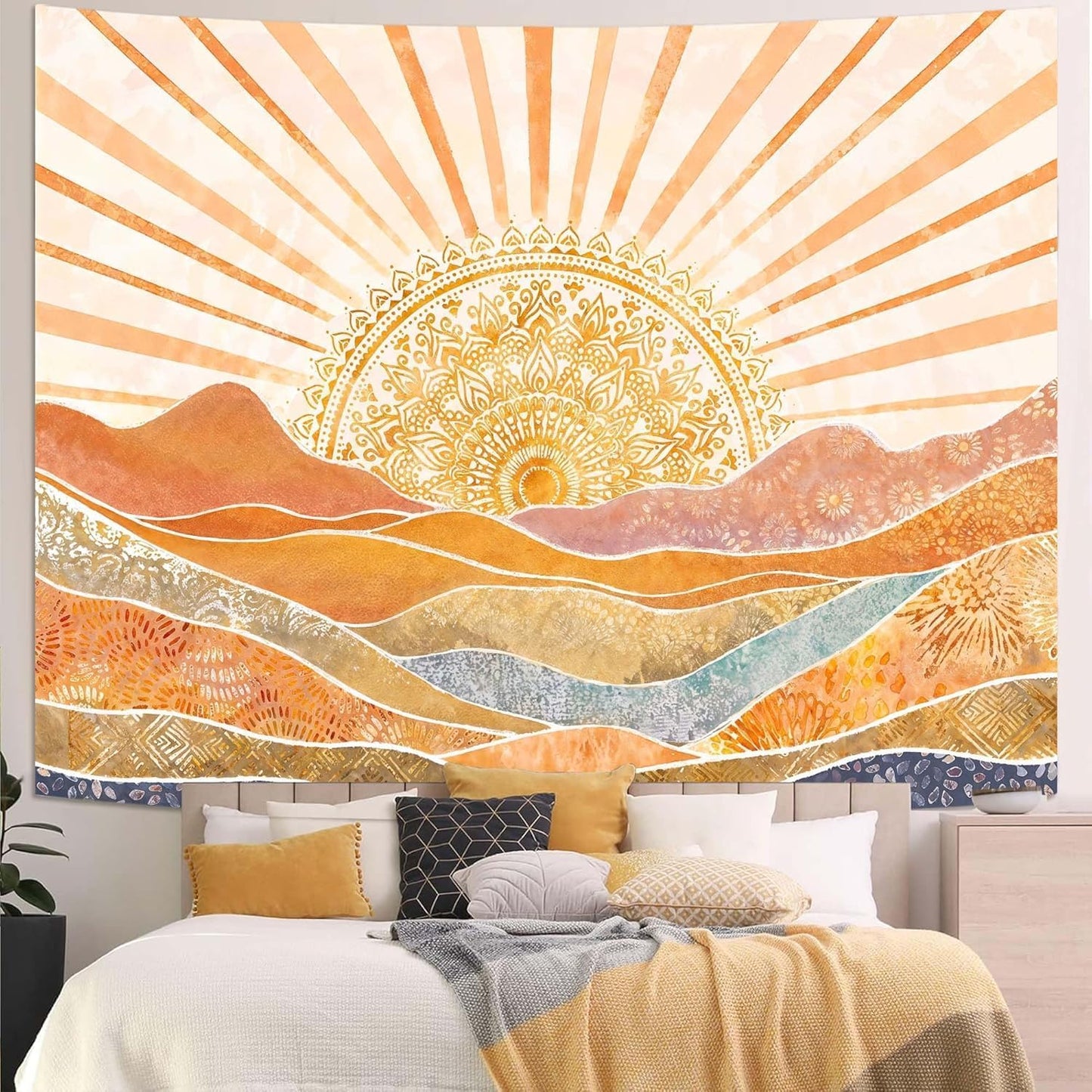 Lunerfex Bohemian Mandala Sunrise Wall Tapestry, Abstract Mountain Scenery Tapestries for Home Decor, Boho Tapestry 48x36 Inch