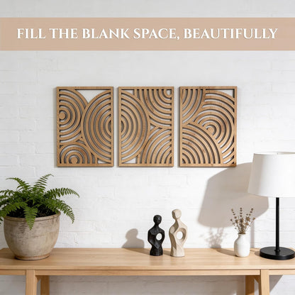 qmmp Modern Wooden Wall Sculptures - Set of 3 - Home Decor Accent - Large Wall Art for Living Room, Bedroom, Office - Easy Installation (Oak, Medium - Mountain and Sun)