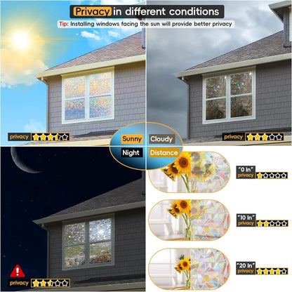 Dwersty Rainbow Window Privacy Film with Cutting Reference Line, 3D Decals Stained Glass Clings, Static Cling Sticker, Suncatcher Windows Cover Tint for Home, 17.5 Inch x 78.74 Inch