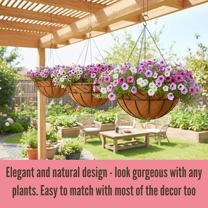LaLaGreen Hanging Planter for Outdoor Plants (12 Inch, 2 Pack) Hanging Baskets with Coco Liner, Black Metal Wire Flower Basket Pots with Hook Hanger Balcony Porch Farmhouse Country Style Garden Decor