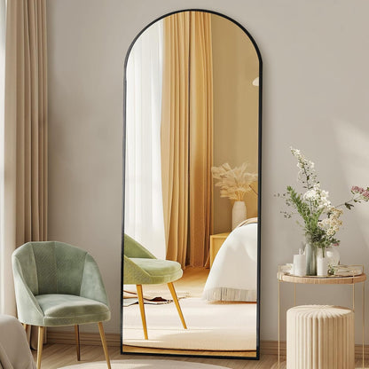 DUMOS Arched Full Length Mirror with Stand 64"x21" Floor Standing Aluminum Frame for Bedroom Body Hanging Leaning Modern Simple Home Decor Shatter-proorf Nano Glass Wall Living Room Cloakroom Black
