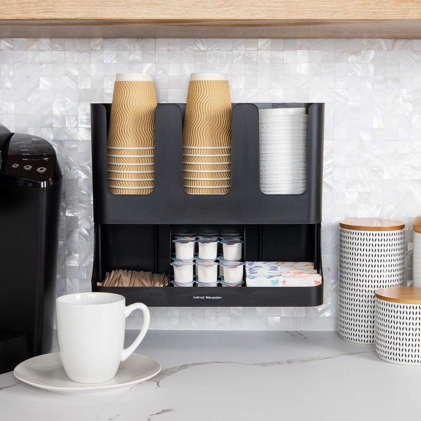 Mind Reader Cup and Condiment Station, 13 Inch Countertop Coffee Bar Organizer with 6 Compartments, Storage Caddy for Cups, Lids and Packets, Plastic, Black