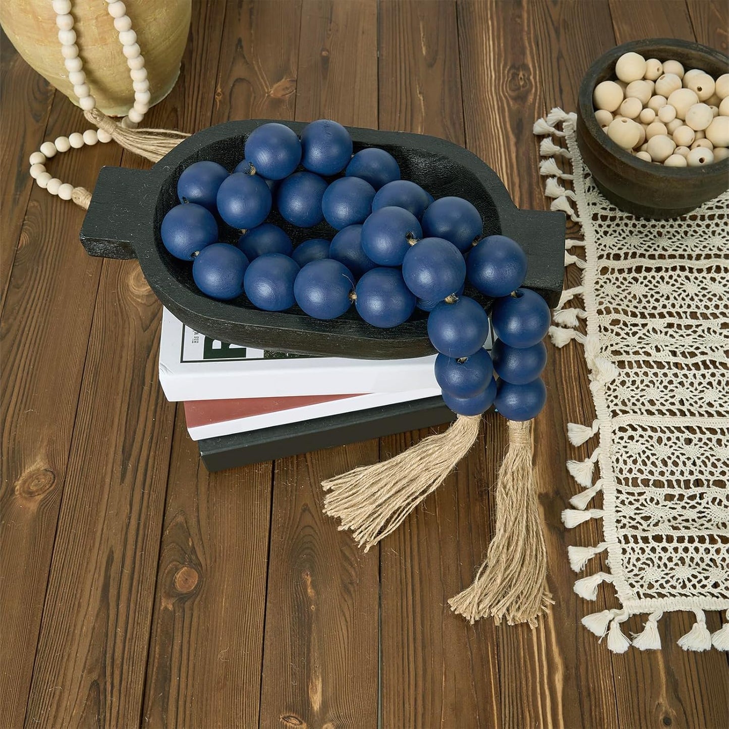 OMISHE Extra Large Wood Bead Garland with 1.6" Diameter Wooden Beads and Tassels, 41" Long Rustic Farmhouse Country Decorative Beads for Home Tiered Tray Decor, Natural Beige