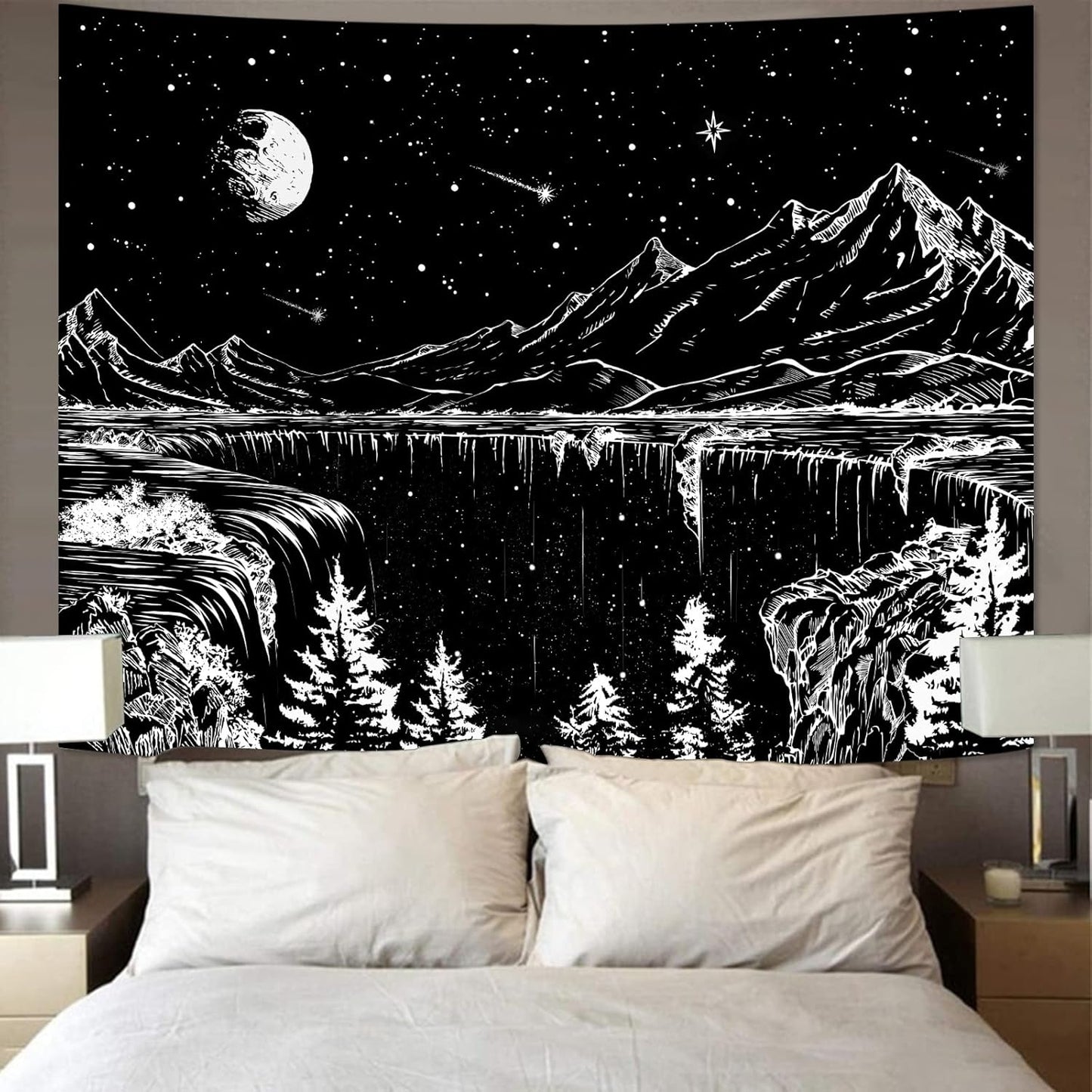 Zussun Black and White Tapestry Starry Night Mountain Tapestries for Bedroom Aesthetic Moon and Stars Tapastry's Wall Hanging Dark Nature Forest Wall Tapestry for Living Room Dorm (48'' × 36'')